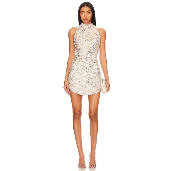 Amanda Uprichard Marshall Mini Dress Medium Gold Beige Sequin Mock Neck Revolve - Picture 3 of 9